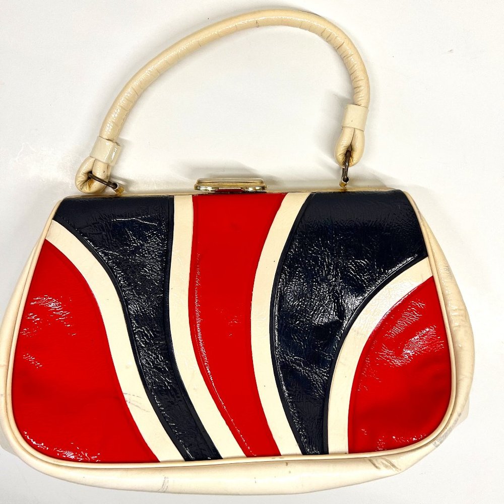 Vintage Retro 1960s or 1970s Red White Blue Handbag Purse Swirl Groovy Vibe
